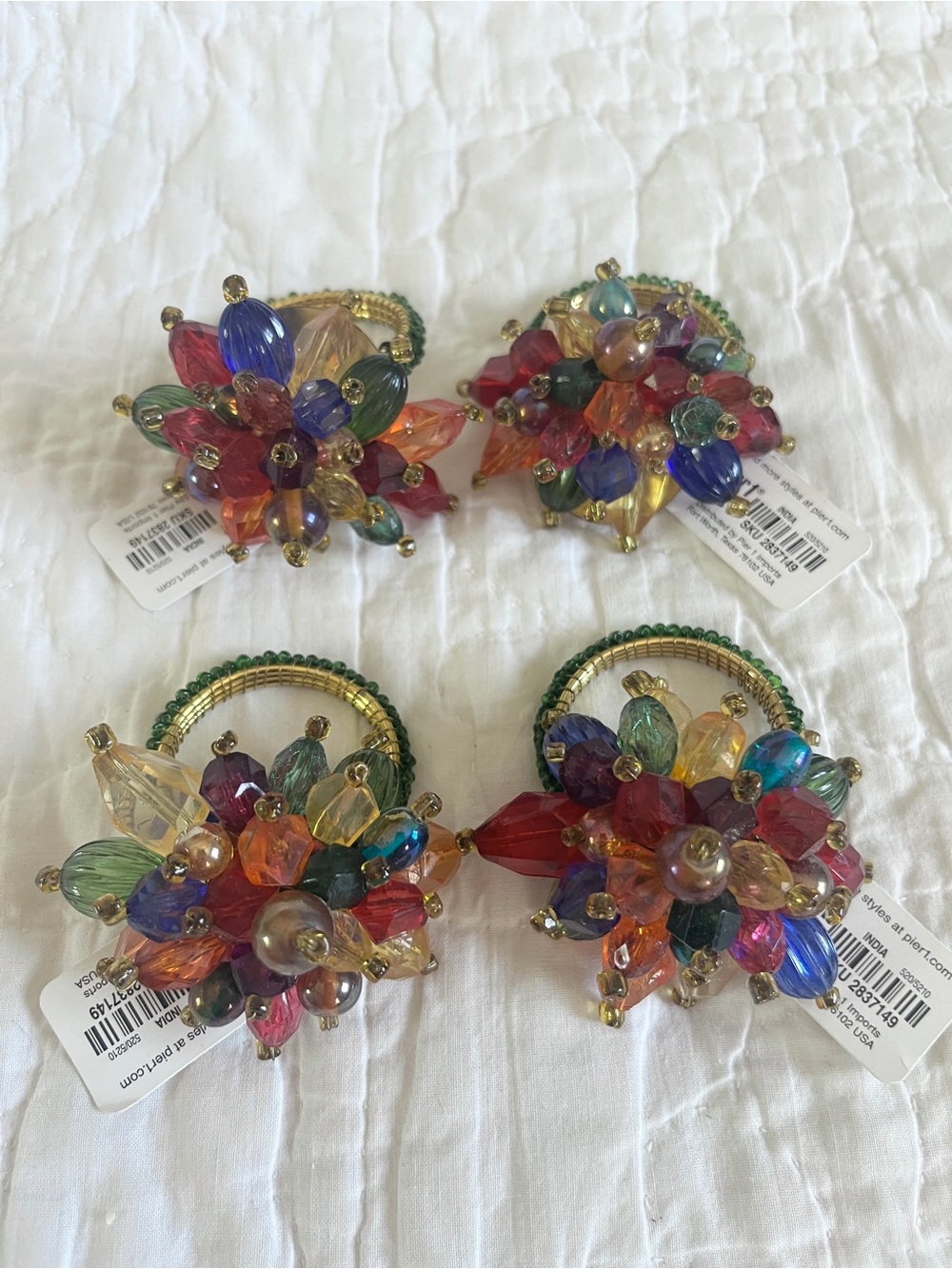 x4 NWT Pier 1 Beaded Cluster Napkin Holders Jewel Tones Colorful Glam Boho-Chic